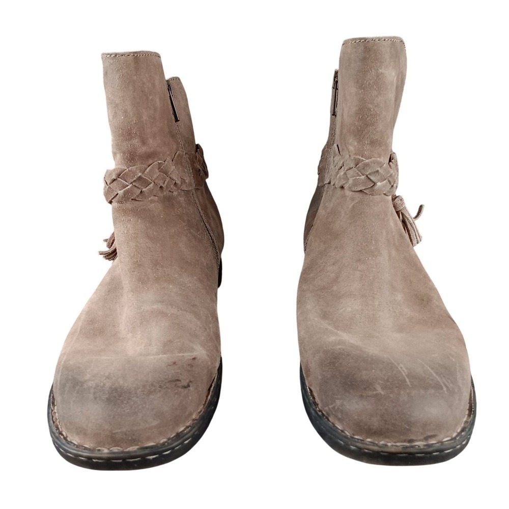 Born Suede Braided Ankle Boots Taupe Side Zip Tassel Women Size 7.5